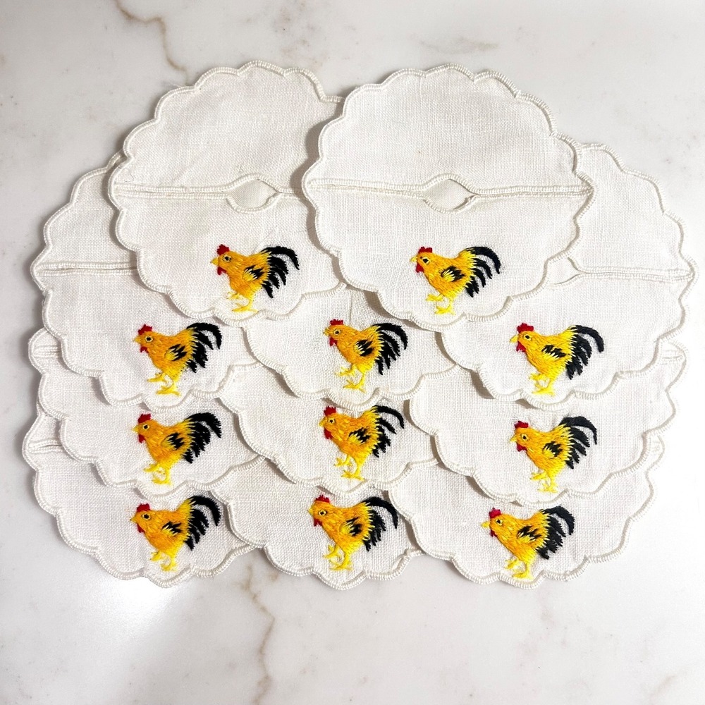 Set of 11 Vintage Linen Stemware Coasters with Rooster & Scalloped Edge Detail